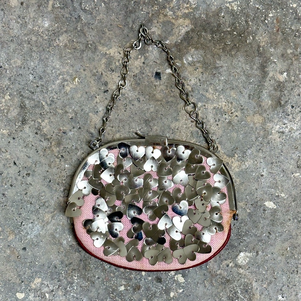 DKNY Vintage Silver Heart Sequin Chain Pink Evening Bag
